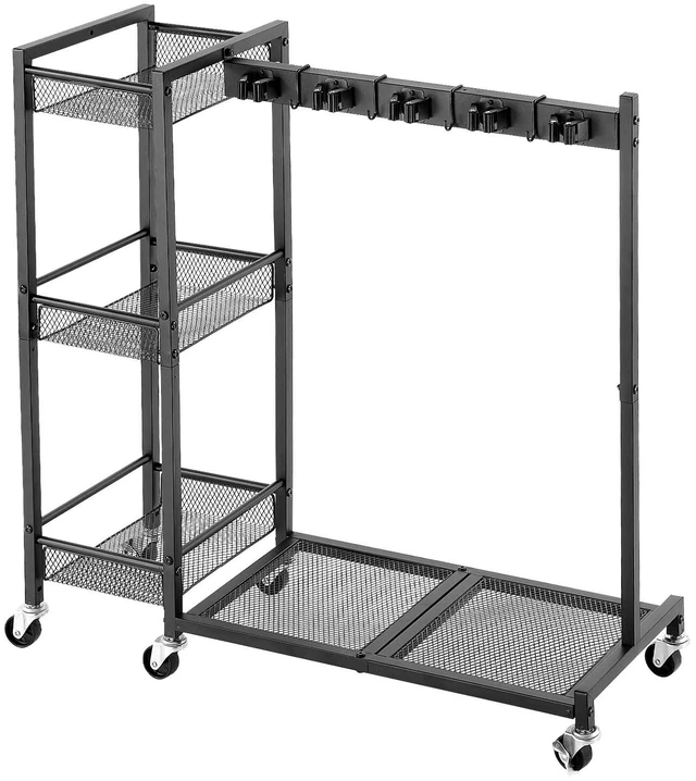 Main image of VEVOR Broom Holder with Cleaning Supplies Organizer, Garage Storage Metal, Cleaning Cart with Mop Hanger, for Home Brooms, Detergent, Brushes, Heavy-Duty Steel Utility Tool Holder, with Wheels, Black