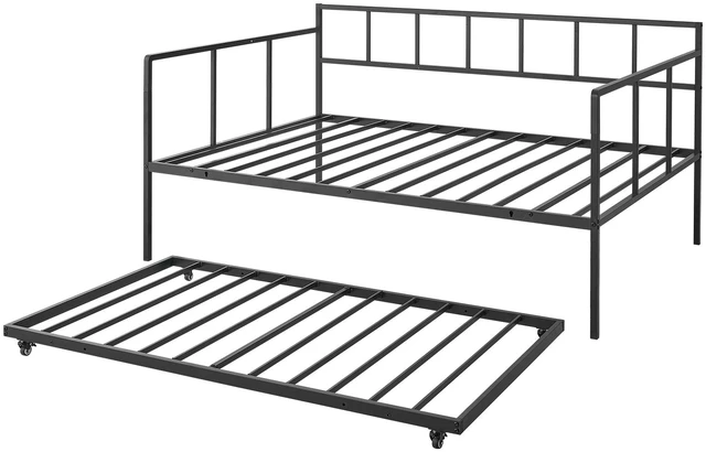 Main image of VEVOR Full Size Daybed with Pop Up Trundle Twin Size Metal Day Bed Frame, for Living Room Bedroom Guest Room, Sturdy Metal Design, Space Saving Sofa Bed, 2 Lockable Casters, Easy Assembly, Black