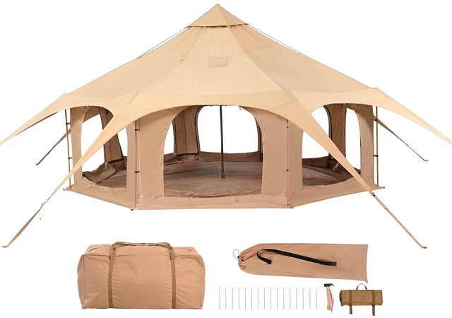 Alt view image 16 of 16 - Canvas Tent, 4 Seasons 5 m/16.4 ft Bell Tent, Canvas Tent for Camping with Stove Jack, Breathable Yurt Tent for up to 8 People, Family Camping Outdoor Hunting Party