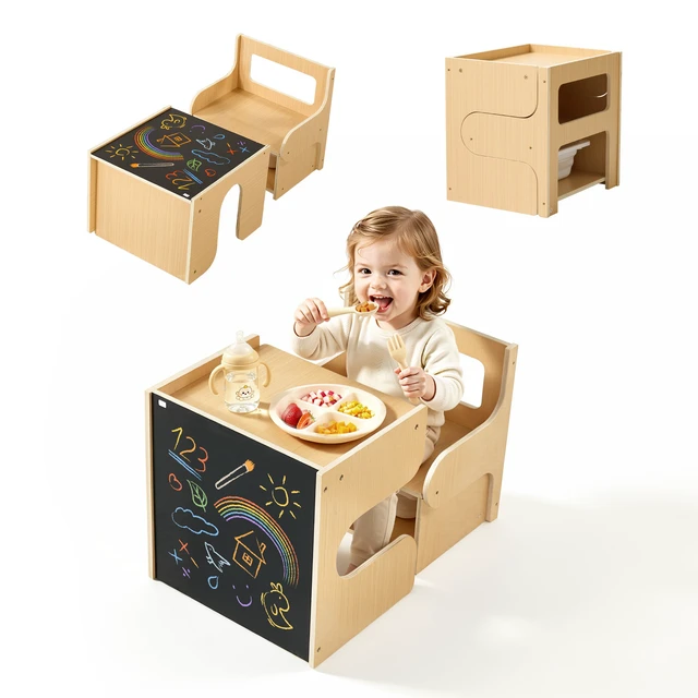 Alt view image 8 of 8 - VEVOR Montessori Weaning Table and Chair Set, Wooden, Kids Table and Chair Set for Toddlers 1-5, Step Stool with Blackboard and Storage Space, Easy to Clean, for Eating, Drawing, Reading, Playing