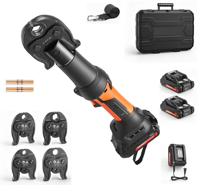 Main image of VEVOR 18V Press Tool with 4 Jaws for 1/2" 3/4" VUS Copper & VPF PEX Pipes, 24KN Compact Pipe Crimping Tool Kit, Compatible with ProPress & PureFlow - with 2pcs 2AH Battery, Fast Charger & Toolbox