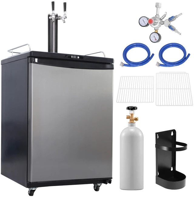 Alt view image 10 of 10 - Beer Kegerator, Dual Tap Draft Beer Dispenser, Full Size Keg Refrigerator With Shelves, CO2 Cylinder, Drip Tray & Rail, 32°F- 75.2°F Temperature Control, Holds 1/6, 1/4, 1/2 Barrels, Black