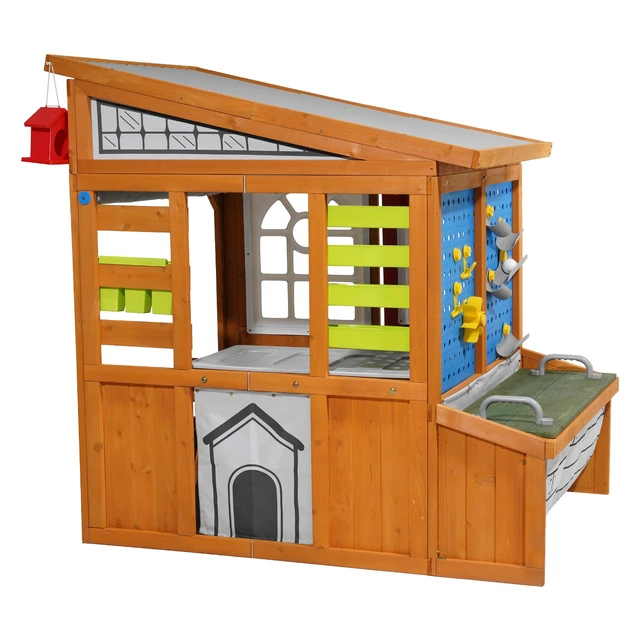 Alt view image 9 of 9 - Outdoor Wooden Playhouse, Modern Cedar Playhouse for Age 2-8 Years Kids, Garden Games Cottage, Country Style Cedar Playhouse with Slide, Ladder, Climbing Wall, Windows, Picnic Table and Bench