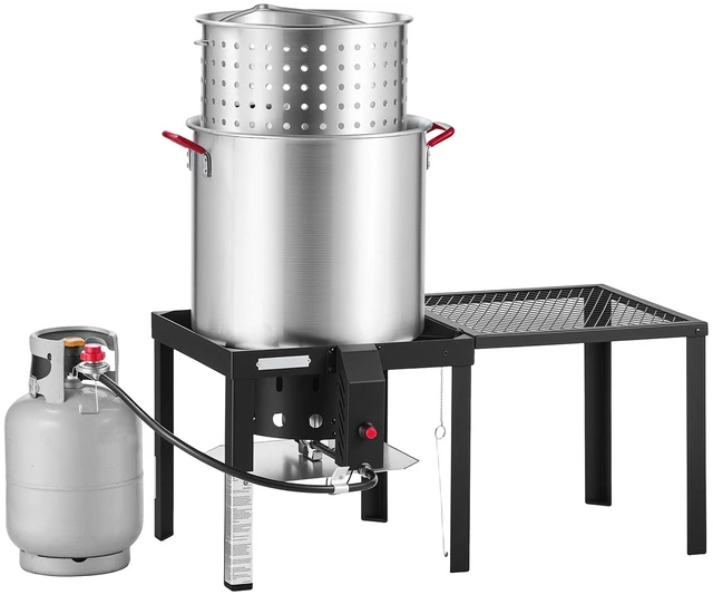 Main image of VEVOR 60 Qt Seafood Boiling Kit with Strainer, Aluminum Crawfish Boiler, Outdoor Backyard Cooking for Crab, Shrimp, Lobster, Deep Fryer Steamer Set with Side Table, Stand, 100,000 BTU Propane Burner
