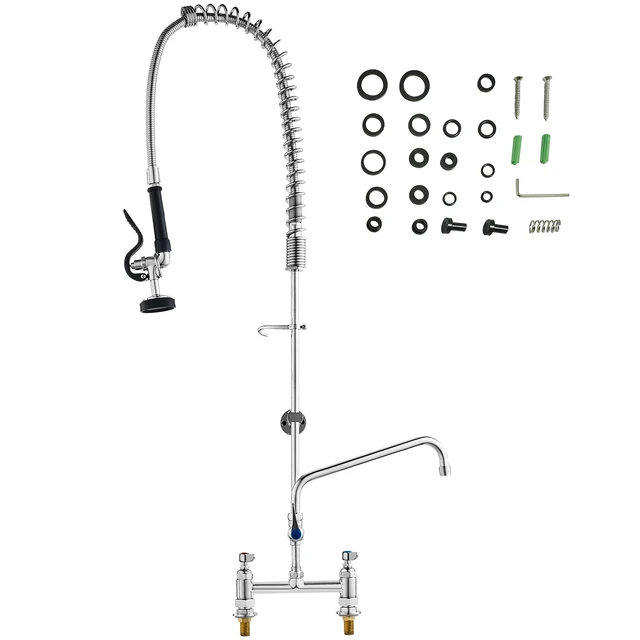 Alt view image 15 of 15 - Industrial Sink Faucet, 44" Tall, 8" Install Space, 12" Rotating Spout, Surface Mount, Brass-Made with Extendable Sprayer, Suitable for Single/Triple Basin