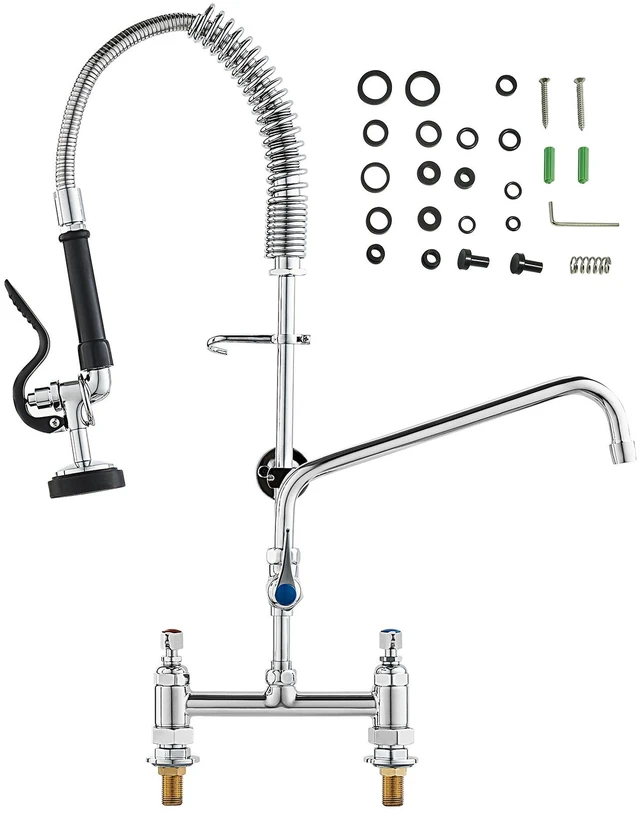 Alt view image 8 of 8 - Commercial Faucet with Pre-Rinse Sprayer, 26" Height, 8" Center, 12" Swing Spout, Deck Mount Kitchen Sink Faucet, Brass Constructed Device with Pull Down Spray, for 1/2/3 Compartment Sink