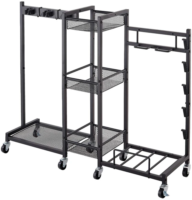 Main image of VEVOR Broom Holder with Cleaning Supplies Organizer, Metal Garage Storage, Cleaning Cart with Mop Hanger, for Home Broom, Detergent, Vacuum Cleaner, Heavy-Duty Steel Utility Holder, with Wheels, Black