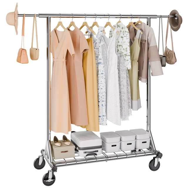 Alt view image 8 of 8 - Heavy Duty Clothes Rack, Double Hanging Rod Clothing Garment Rack for Hanging Clothes, Adjustable Height and Extendable Length Clothing Rack with Bottom Storage Area, 600 lbs Load Capacity