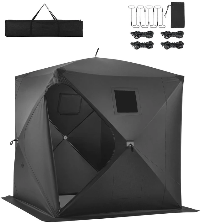 Main image of VEVOR Pop Up Ice Fishing Tent 3-4 Person 90 x 90 x 77 in Portable Shelter, for Winter Fishing, 58 sq ft Area, 300D Oxford Fabric Hub-Style Shanty, Ice Cube with Anchors, Ropes, Carrying Bag, Black