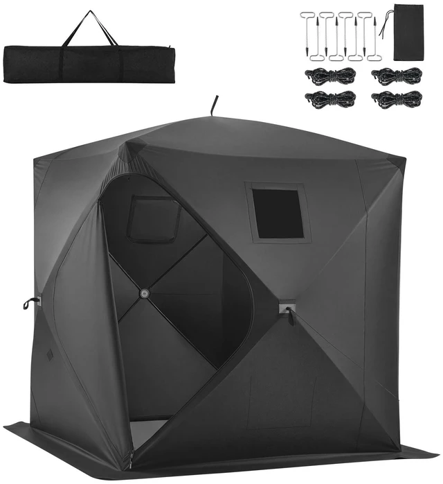 Main image of VEVOR Pop Up Ice Fishing Tent 1-2 Person 59 x 59 x 65 in Portable Shelter, for Winter Fishing, 24 sq ft Area, 300D Oxford Fabric Hub-Style Shanty, Ice Cube with Anchors, Ropes, Carrying Bag, Black