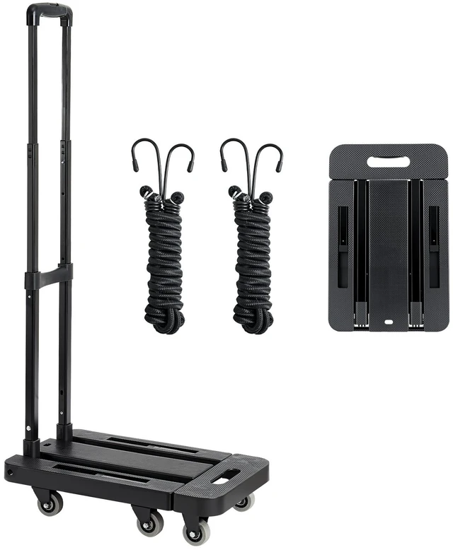 Alt view image 9 of 9 - Folding Hand Truck, 500 lbs Load Capacity, Collapsible Luggage Cart with 6 Wheels, 2 Elastic Ropes & Expandable Base, Utility Dolly Platform Cart for Airport Travel Luggage Office Moving, Black