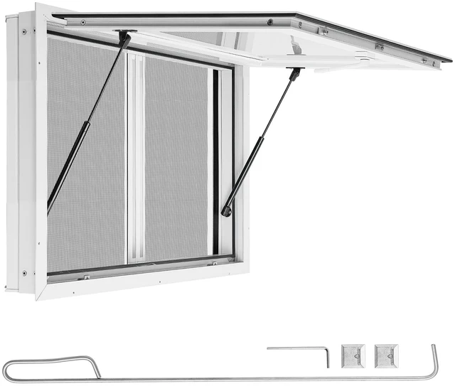 Main image of VEVOR Concession Window 36x24 in Aluminum Alloy & Acrylic Service Window, for Food Truck, Up to 85 Degrees Stand Serving with 2 Sliding Screen Windows, Awning Door and Drag Hook, Rainwater Resistant
