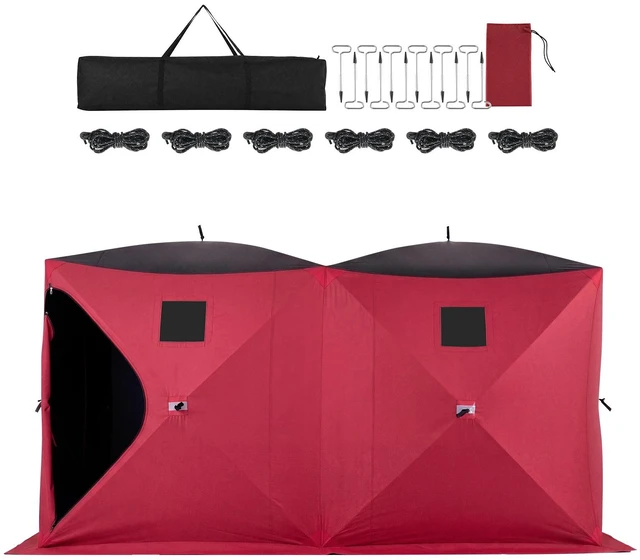 Main image of VEVOR Pop Up Ice Fishing Tent 6-8 Person 142 x 71 x 79 in Portable Shelter, for Winter Fishing, 67 sq ft Area, 300D Oxford Fabric Hub-Style Shanty, Ice Cube with Anchors, Ropes, Carry Bag, Red/Black