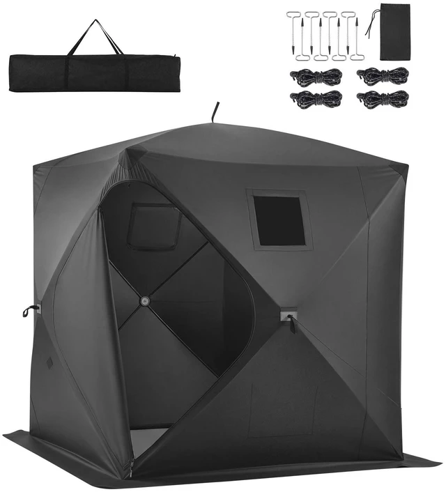 Main image of VEVOR Pop Up Ice Fishing Tent 3-4 Person 71 x 71 x 79 in Portable Shelter, for Winter Fishing, 34 sq ft Area, 300D Oxford Fabric Hub-Style Shanty, Ice Cube with Anchors, Ropes, Carrying Bag, Black