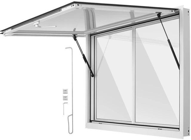 Main image of VEVOR Concession Window 48x36 in Aluminum Alloy Service Window, for Food Truck, Up to 85 Degrees Stand Serving with 2 Sliding Acrylic Windows, Awning Door and Drag Hook, Rainwater Resistant