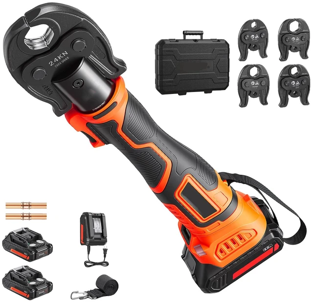 Main image of VEVOR 18V Electric Press Tool for 1/2", 3/4", 1", 1-1/4" Copper Pipes, 24KN Compact Pipe Crimping Tool Kit, Compatible with ProPress - with 4 VUS Jaws, 2pcs 2AH Battery, Fast Charger & Toolbox