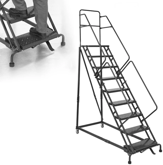 Main image of VEVOR 9-Step Rolling Warehouse Ladder, Industrial Alloy Steel Mobile Step Stair, with Handrails, Non-Slip Perforated Steps & Self-Locking Wheels, 450LBS Heavy Duty Platform Ladder for Garage Library