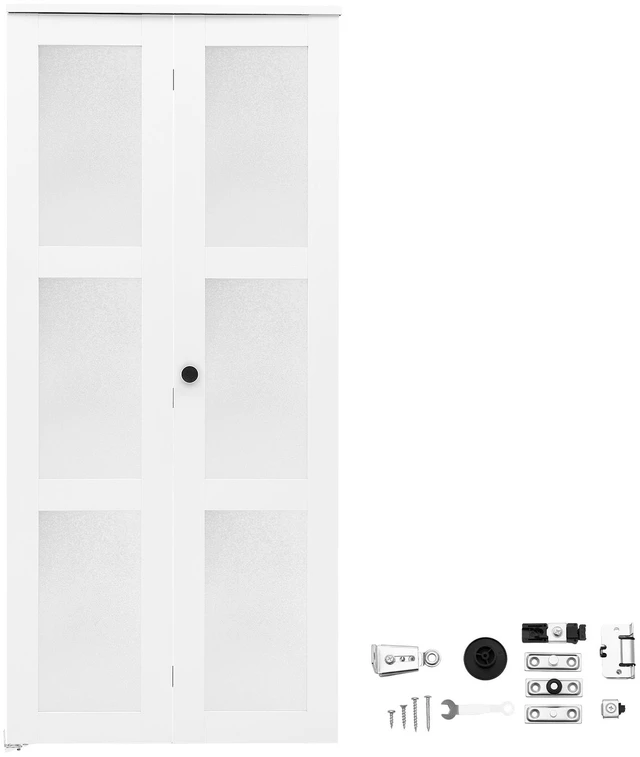 Main image of VEVOR Bifold Closet Doors 2-Panel, 36" (Double 18") x 80", 3-Lite Frosted Glass Bifold Barn Door with Metal Hardware Kit & Sturdy Composite Frame, Modern Stylish & Space-Saving for Closets Bedrooms