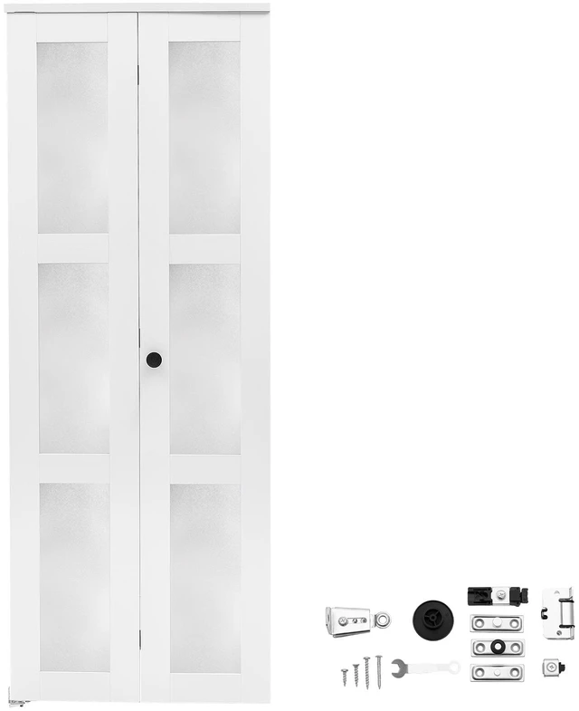 Main image of VEVOR Bifold Closet Doors 2-Panel, 30" (Double 15") x 80", 3-Lite Frosted Glass Bifold Barn Door with Metal Hardware Kit & Sturdy Composite Frame, Modern Stylish & Space-Saving for Closets Bedrooms