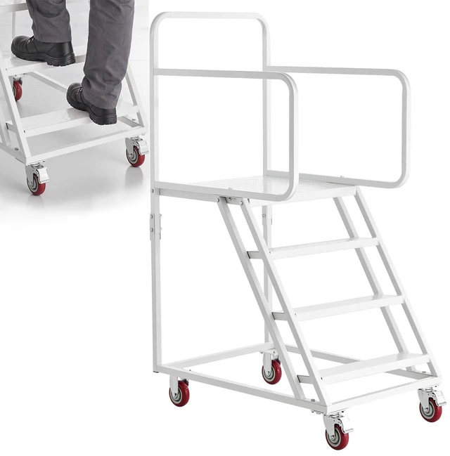 Main image of VEVOR 4-Step Rolling Warehouse Ladder, Industrial Alloy Steel Mobile Step Stair, with Handrails, Non-Slip Steps & Locking Wheels, 880LBS Capacity Heavy Duty Platform Ladder for Garage Library Factory