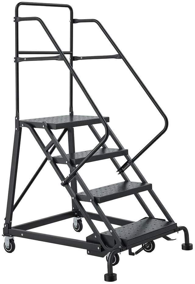Main image of VEVOR 4-Step Rolling Warehouse Ladder, Industrial Alloy Steel Mobile Step Stair, with Handrails, Non-Slip Perforated Steps & Self-Locking Wheels, 450LBS Heavy Duty Platform Ladder for Garage Library