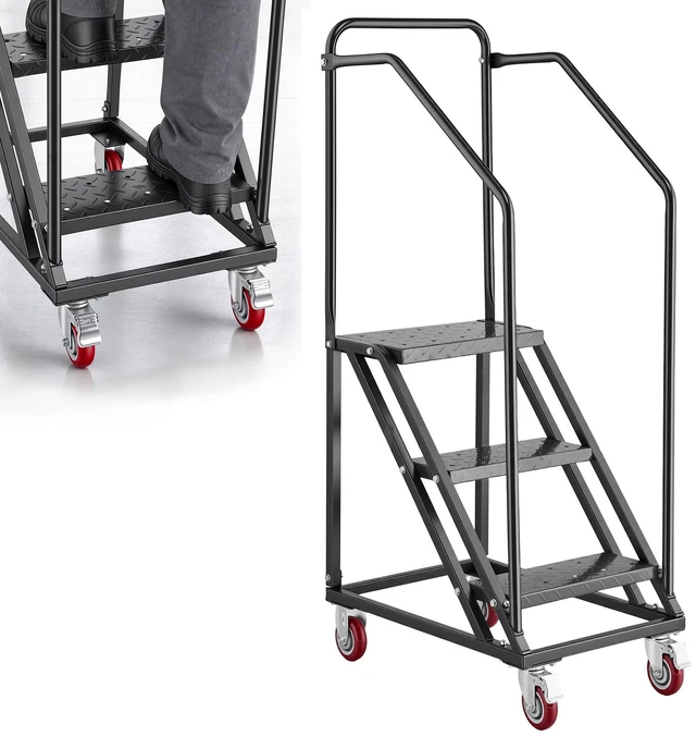 Main image of VEVOR 3-Step Rolling Warehouse Ladder, Industrial Alloy Steel Mobile Step Stair with Handrails, Non-Slip Perforated Steps & Locking Wheels, 450LBS Heavy Duty Platform Ladder for Garage Library
