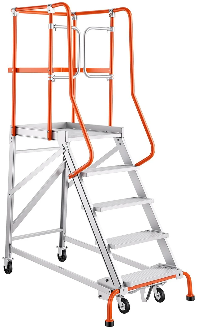 Main image of VEVOR 5-Step Rolling Warehouse Ladder Industrial Aluminum Mobile Step Stair, 360° Security Guardrails, Non-Slip Steps & Locking Wheels, 375LBS Capacity Heavy Duty Platform Ladder for Garage Library
