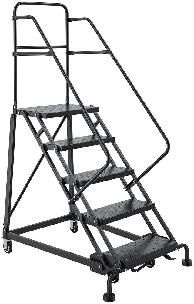 Main image of VEVOR 5-Step Rolling Warehouse Ladder, Industrial Alloy Steel Mobile Step Stair, with Handrails, Non-Slip Perforated Steps & Self-Locking Wheels, 450LBS Heavy Duty Platform Ladder for Garage Library