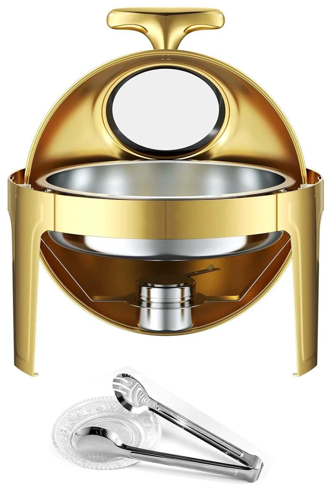 Main image of VEVOR 1 Pack Chafing Dish for Buffet Set, 6QT/ 5.7L Stainless Steel Chafer, for Banquet Party Wedding Catering Event, Round Roll Top Buffet Servers and Warmers, with 1 Pot, Glass Lid, Tong, Glass Pad