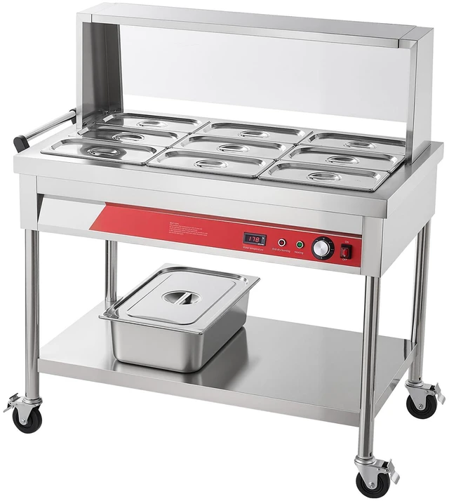 Main image of VEVOR Commercial Food Warmer 9 x 1/3 Pans Electric Steam Table 1500W, for Buffet Restaurant Catering, Stainless Steel Server with Additional 1/1 Pan, Acrylic Cover, Undershelf, and Rolling Stand