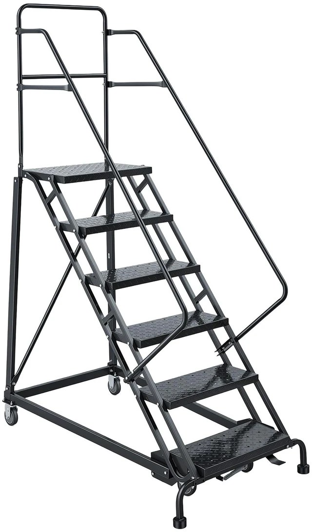 Main image of VEVOR 6-Step Rolling Warehouse Ladder, Industrial Alloy Steel Mobile Step Stair, with Handrails, Non-Slip Perforated Steps & Self-Locking Wheels, 450LBS Heavy Duty Platform Ladder for Garage Library