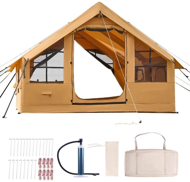 Alt view image 8 of 8 - Inflatable Tents for Camping, 5-8 Person Easy Setup Blow up Tent with Hand Pump, Luxury Glamping Tent with 2 Skylights, Canopy, Stove Jack 2 Doors & Mesh Windows (Storage Bag Included)
