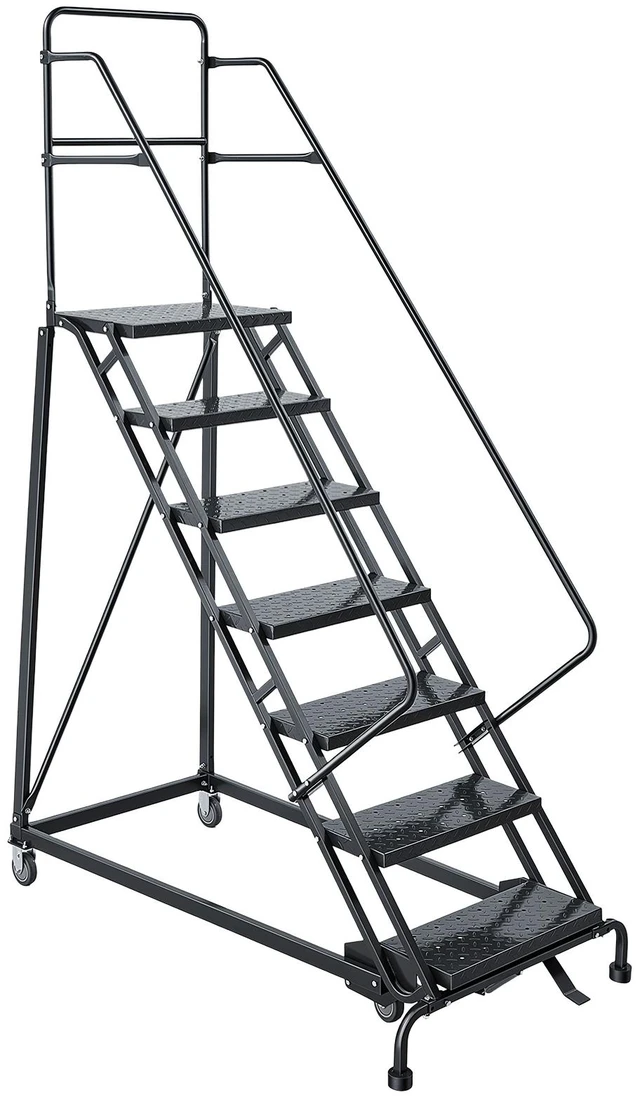 Main image of VEVOR 7-Step Rolling Warehouse Ladder, Industrial Alloy Steel Mobile Step Stair, with Handrails, Non-Slip Perforated Steps & Self-Locking Wheels, 450LBS Heavy Duty Platform Ladder for Garage Library