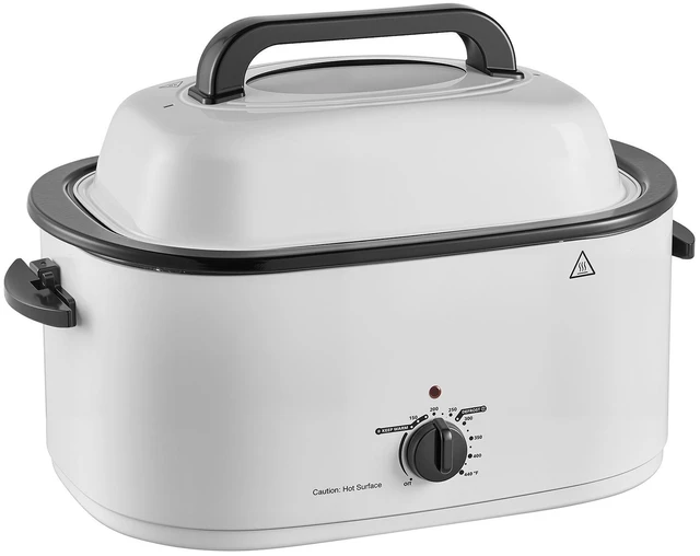 Main image of VEVOR Electric Roaster Oven, 26 Qt, Turkey Roasting Pan, White, 1450W Power, Viewing Self-Basting Lid, 150-450°F Heat Control, Countertop Turkey Cooker with Defrost/Warm, Removable Pan and Rack