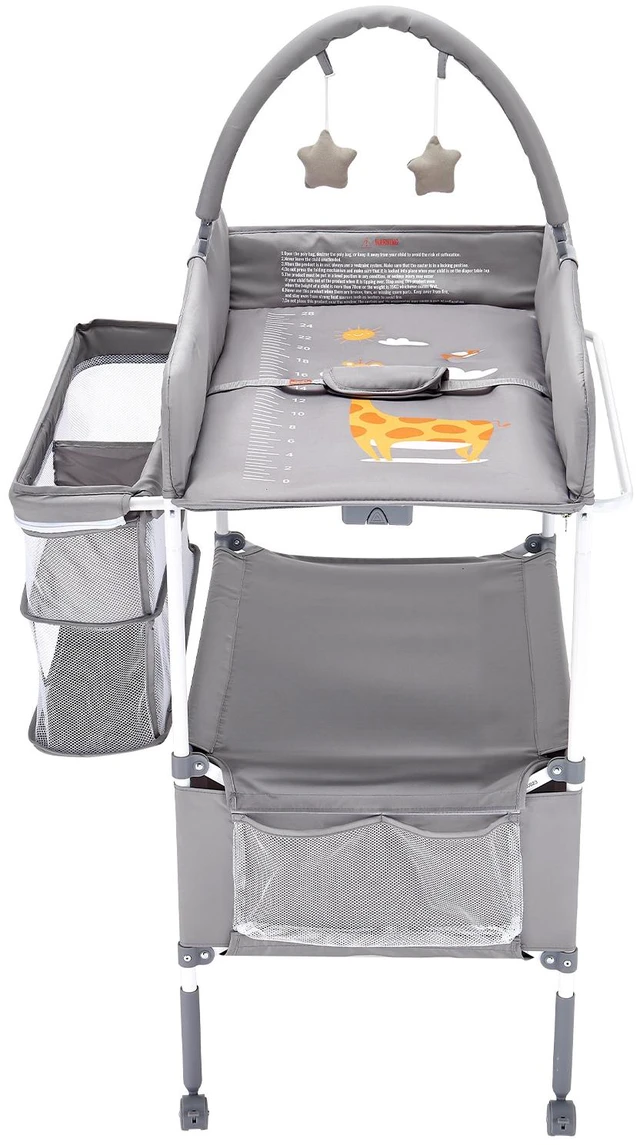 Alt view image 15 of 15 - VEVOR Baby Changing Table, Foldable Diaper Change Station with 2 Fabric Drawers, Side Basket & Hanging Rod, Adjustable Height Portable Changing Table with Lockable Wheels & 2 Star Toys, Light Gray