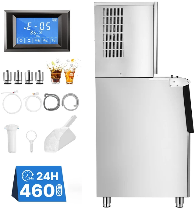 Main image of VEVOR Commercial Ice Maker Machine 460 Lbs/24H Ice-Making Stainless Steel, for Bar Cafe Restaurant Business, Ice Ready in 15 Mins, Freestanding with 250 Lbs Ice Storage Bin and Auto Self-Cleaning