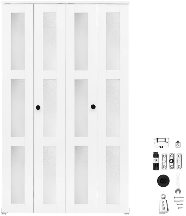 Main image of VEVOR Bifold Closet Door 4-Panel, 48" (Four 12") x 80", 3-Lite Frosted Glass Bifold Barn Door with Metal Hardware Kit & Sturdy Composite Frame, Modern Stylish & Space-Saving for Closets Bedrooms