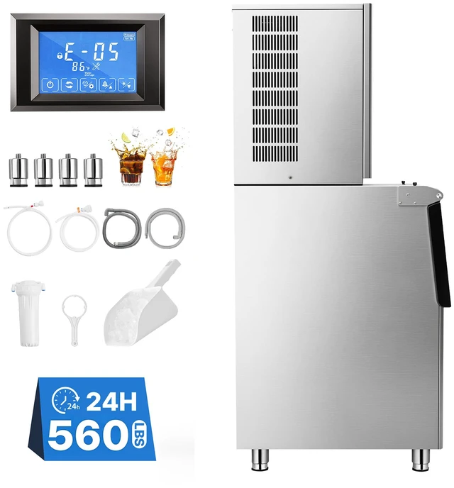 Main image of VEVOR Commercial Ice Maker Machine 560 Lbs/24H Ice-Making Stainless Steel, for Bar Cafe Restaurant Business, Ice Ready in 15 Mins, Freestanding with 250 Lbs Ice Storage Bin and Auto Self-Cleaning