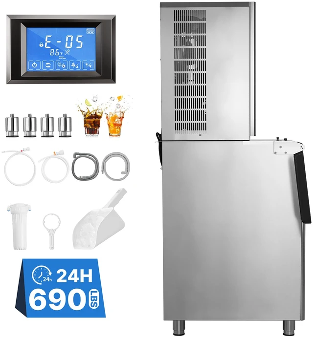 Main image of VEVOR Commercial Ice Maker Machine 690 Lbs/24H Ice-Making Stainless Steel, for Bar Cafe Restaurant Business, Ice Ready in 15 Mins, Freestanding with 250 Lbs Ice Storage Bin and Auto Self-Cleaning