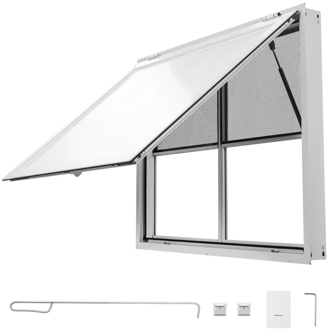 Main image of VEVOR Concession Window 48x36 in Aluminum Alloy Service Window, for Food Truck, Up to 85 Degrees Stand Serving with 2 Fixed & 2 Sliding Windows, Awning Door and Drag Hook, Rainwater Resistant