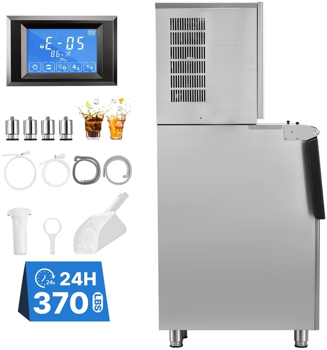 Main image of VEVOR Commercial Ice Maker Machine 370 Lbs/24H Ice-Making Stainless Steel, for Bar Cafe Restaurant Business, Ice Ready in 15 Mins, Freestanding with 250 Lbs Ice Storage Bin and Auto Self-Cleaning