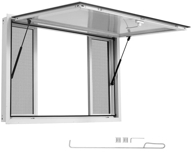 Main image of VEVOR Concession Window 60x36 in Aluminum Alloy Frame Service Window, for Food Truck, Up to 85 Degrees Stand Serving with 4 Sliding Screen Windows, Awning Door and Drag Hook, Rainwater Resistant