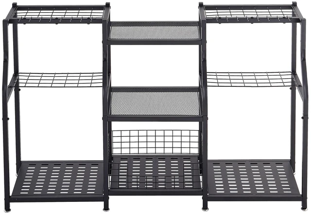 Main image of VEVOR Garden Tool Organizer, 3-Tier High-Capacity Metal Garage Storage Rack, for Rakes/Shovels/Brooms, Yard Utility Tool Holder for Shed/Outdoor/Lawn Organization, Heavy-Duty Steel, with Hooks, Black