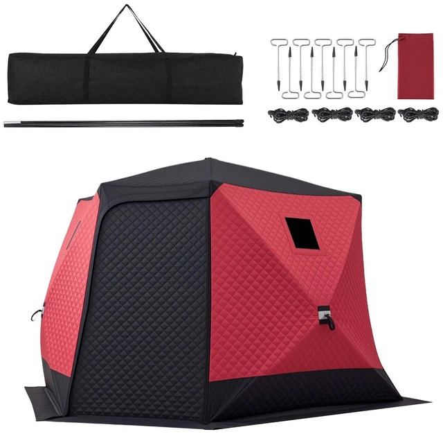 Main image of VEVOR Pop Up Ice Fishing Tent 6-8 Person 130x130x79 in Insulated Shelter, for Winter Fishing, 73 sq ft Area, 600D 4-Layer Fabric, Portable Hub-Style Shanty Cube with Anchors, Ropes, Carry Bag, Red