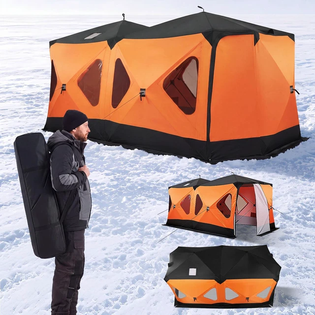Main image of VEVOR Pop Up Ice Fishing Tent 8-10 Person 162x91x91 in Insulated Shelter, for Winter Fishing, 115 sq ft Area, 600D 4-Layer Fabric, Portable Hub-Style Shanty Cube with Anchors, Ropes, Carrying Bag