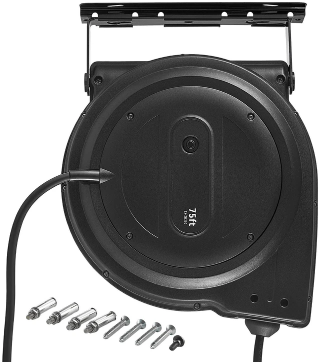 Main image of VEVOR Retractable Extension Cord Reel 75FT Heavy Duty 14AWG/3C SJTOW Black, for Ceiling/Wall Mount, 13A Circuit Breaker, Automatic Retractable Power Cord, Lighted Triple Tap, with 180° Swivel Bracket