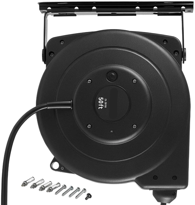 Main image of VEVOR Retractable Extension Cord Reel 50FT Heavy Duty 14AWG/3C SJTOW Black, for Ceiling/Wall Mount, 13A Circuit Breaker, Automatic Retractable Power Cord, Lighted Triple Tap, with 180° Swivel Bracket