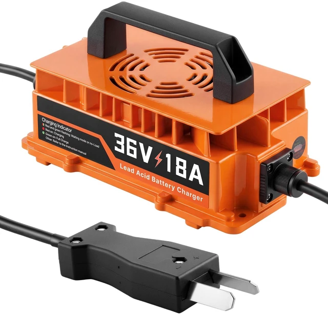Main image of VEVOR Golf Cart Battery Charger 36V 18A Smart Charger with Crowfoot Plug, Only for Lead Acid Battery, Aluminum Alloy Shell, Trickle Charging, LED Indicator Light, with Cooling Fan, IP67 Waterproof