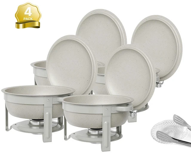 Main image of VEVOR 4 Packs Chafing Dishes for Buffet Set, 6QT Stainless Steel Chafer, for Banquet Party Wedding Catering Events, Maifanite-Coated, Round Buffet Server Warmer, 4 Pots, Fuel Holder, Tong, Glass Pad
