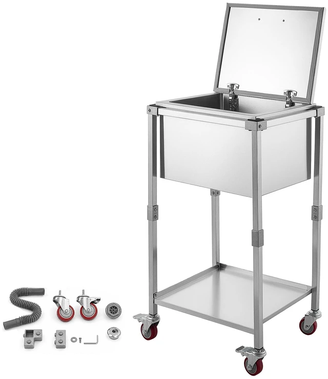 Main image of VEVOR Rolling Ice Chest Cooler Cart Stainless Steel Cooling Bin 57.7 Quart, Outdoor Stand Up Cooler Trolley with Wheels, Flip Lid, and Shelf, for Patio Backyard Party Bar Cold Drinks, 22x17.9x39.5 in